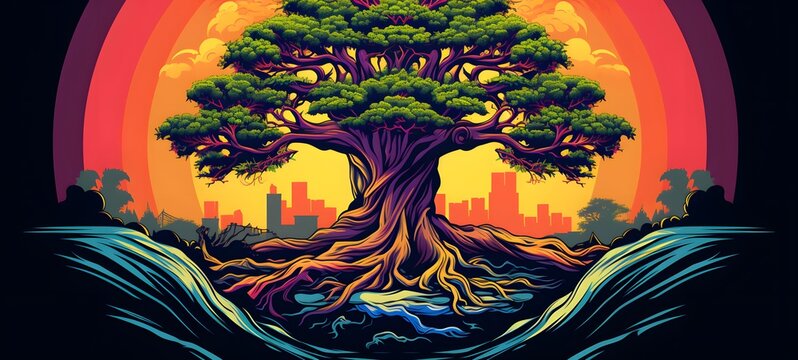 banyan bonsai vector illustration t-shirt design ,generative AI