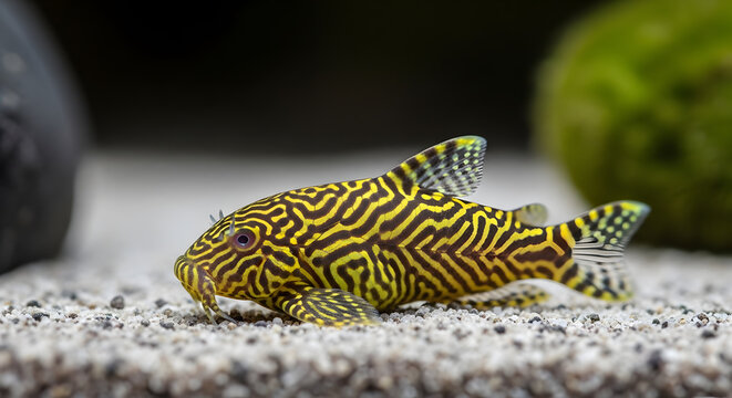 Close up of a gold spot pleco fish swimming in an aquarium