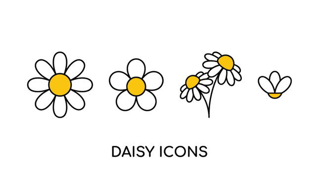 Four Simple Daisy Flower Icons With Petals And Central Circle d flat vector isolated white background