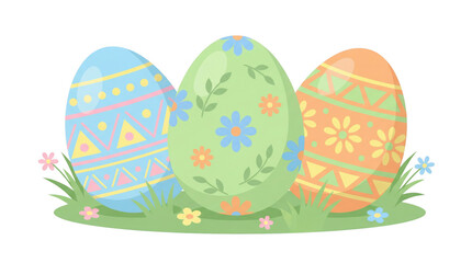 Three eggs in grass surrounded by flowers, AI, PNG