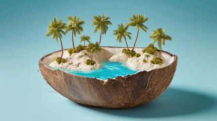 Obraz premium A coconut shell with a tiny island inside, created AI
