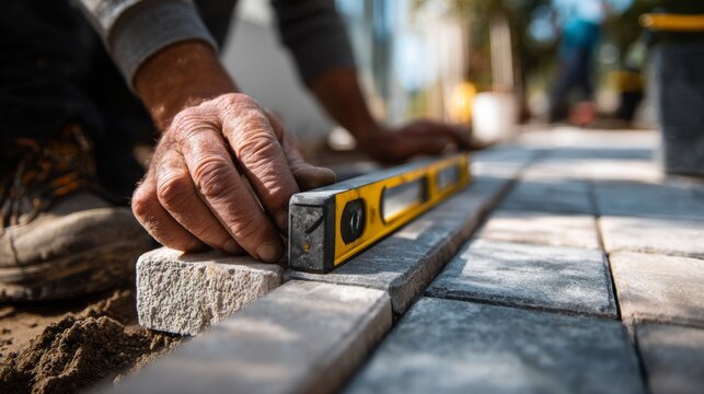 Construction worker uses a level on newly installed paving stones to check the surface during landscaping project in bright sunlight