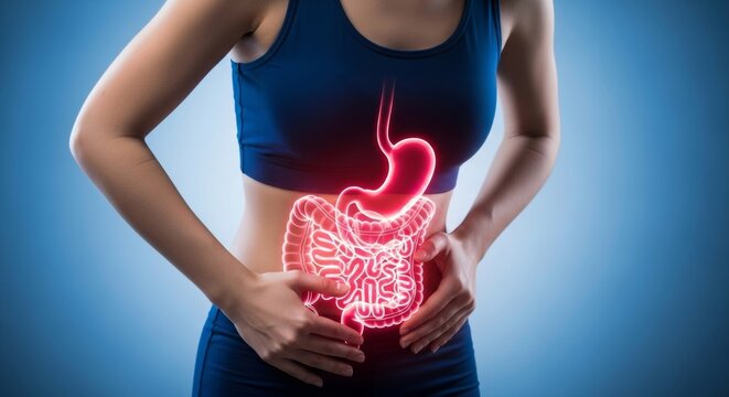 Woman experiencing abdominal pain with glowing red stomach overlay