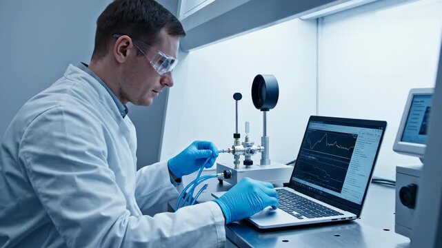 Scientist in lab coat and goggles uses laptop next to scientific apparatus
