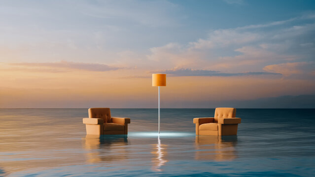 Surreal landscape features armchairs floating above the calm sea