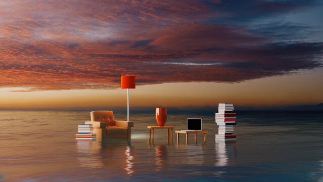Surreal landscape with furniture resting on water at sunset