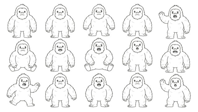 Cute sasquatch character outline mascot vector set. Cartoon yeti bigfoot monkey ape posing sitting waving walking. Coloring page book character design illustration collection.