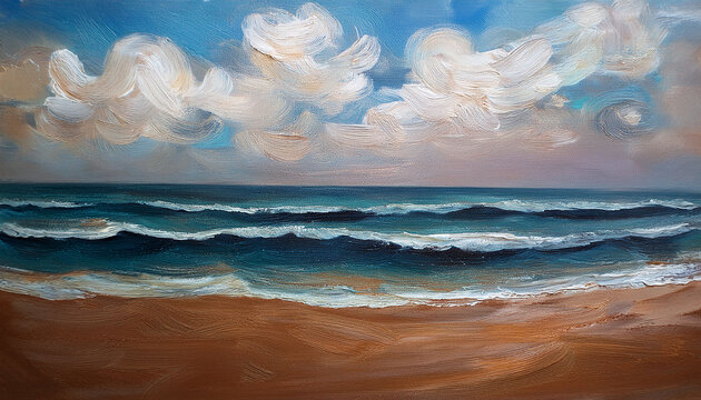 Impressionism Oil Painting With Thick Impasto Brush Strokes Of Waves On A Sandy Beautiful Beach With Puffy Clouds Using Muted Browns Blues And White