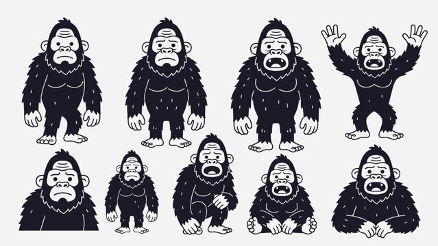 Sad and confused dark sasquatch vector character poses. Flat style bigfoot ape sitting waving standing illustration set. Wildlife monster graphic.