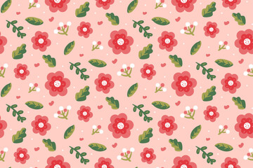 Seamless Cute Floral Pattern with Red Flowers and Hearts on Pink Background