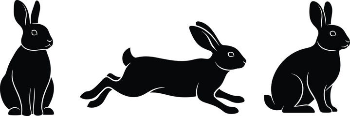 Rabbit silhouettes collection, sitting leaping upright poses, black vector illustration, wildlife animal posture design, minimal background art © MSTSHIULY
