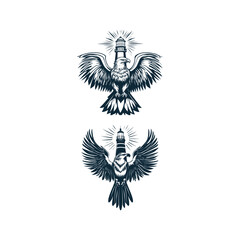 Fototapeta premium Majestic eagle and lighthouse hybrid illustration, creative concept art with wings spread, vintage engraving style