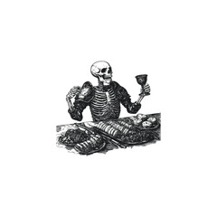 Detailed vintage-style engraving illustration of a skeleton in armor enjoying a feast with a glass of wine, isolated on a white background, perfect for apparel design, dark art concepts, and creative 