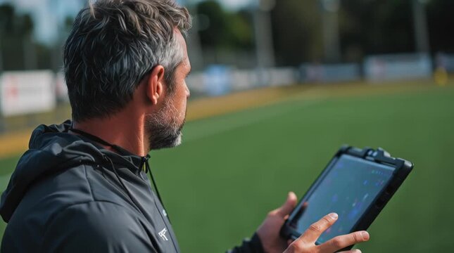 Soccer coach analyzing tactics on tablet during outdoor practice session