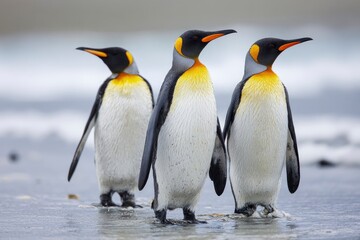 Obraz premium A trio of striking flightless birds, adorned with elegant black, white, and vibrant golden-orange markings, stands with quiet dignity at the water's edge. Gentle ripples reflect the muted light as the