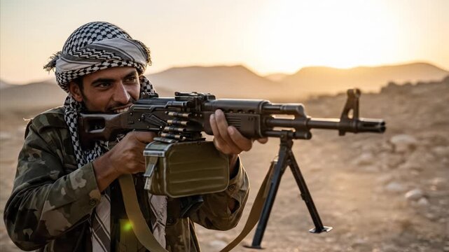 Man with Machine Gun in Desert Landscape