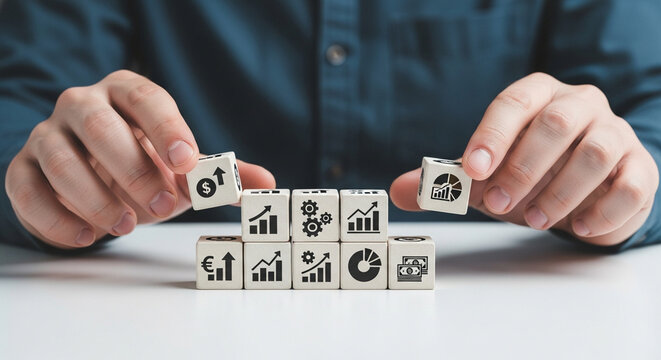 Business Strategy, Financial Growth Planning, Development Success, Hand Assembling Icons