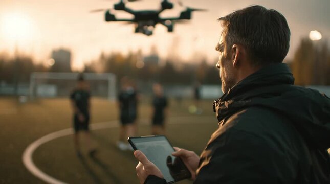 Coach operating drone with tablet during outdoor soccer practice at sunset