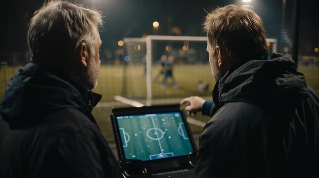 Two male soccer coaches analyzing game strategy on a laptop at night