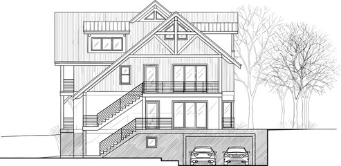 Fototapeta premium Modern three story suburban house architectural elevation sketch with underground garage cars trees and detailed line art vector illustration