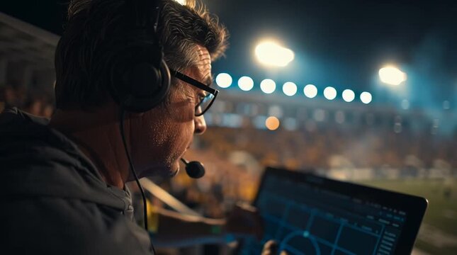 Sports commentator wearing headset with microphone watching game at night stadium