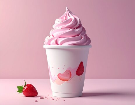 Delicious Strawberry Soft Serve Ice Cream in a Cup with Fresh Strawberry.