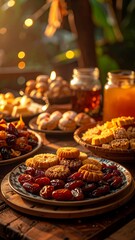 Obraz premium A vibrant assortment of sweet treats and refreshing drinks on a wooden table, captured from a close-up viewpoint in a warm and inviting environment
