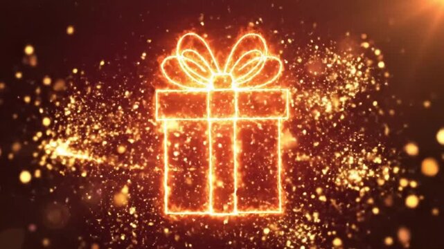 Glowing fiery outline of a holiday present explodes with brilliant golden particle effects creating a magical and energetic celebration concept