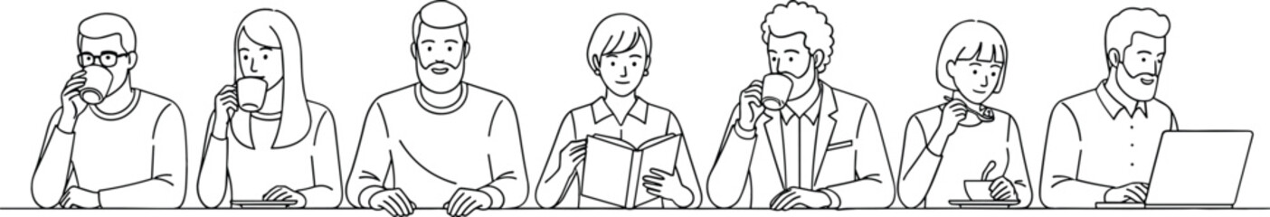 Black and white line art illustration of a diverse group of people sitting at a cafe bar counter