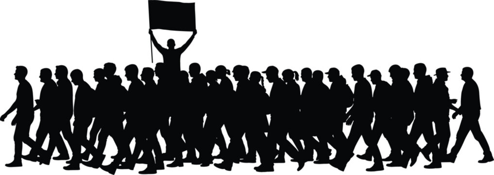 Black silhouette of a large crowd of people marching in a protest or parade with a man holding a flag, representing social movement, revolution, and unity on a white background