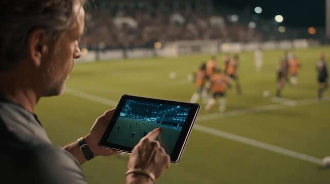 Coach watching soccer game analysis on tablet at night stadium