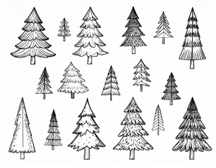 Obraz premium Detailed Black and White Illustration of Various Christmas Trees in a Forest Setting.