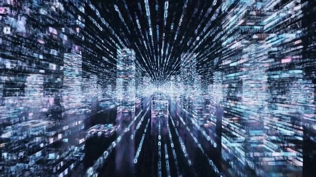 Flying through a futuristic digital city with binary code rain