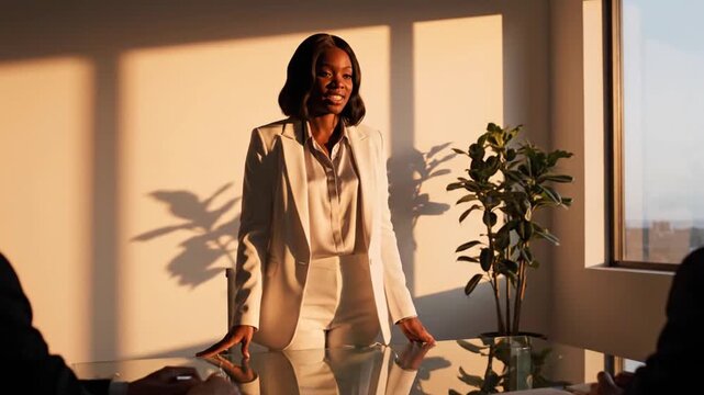 Confident Businesswoman Presenting in Modern Office.