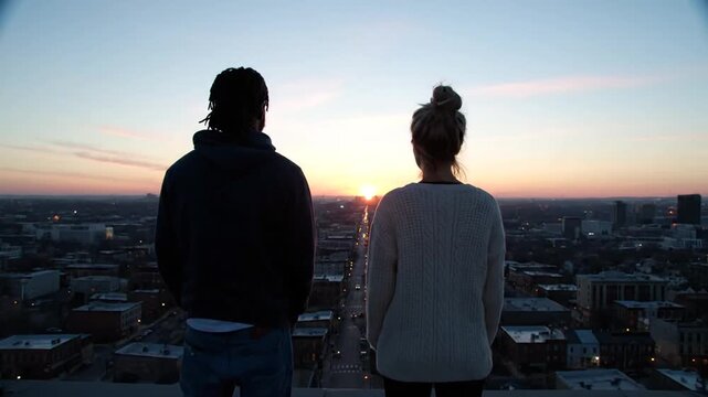 Couple Watching Sunset Over Cityscape Together.