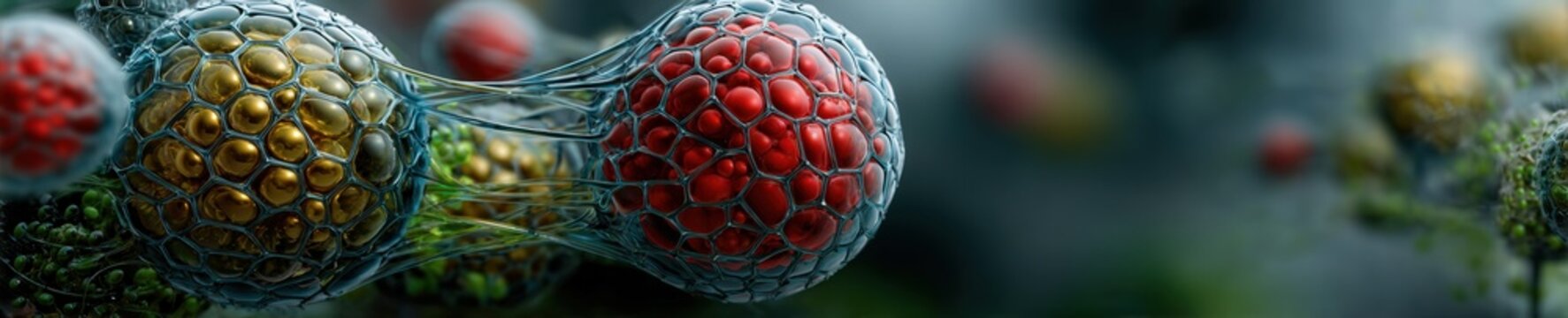 Macro visualization of high density lipoprotein HDL particles as stable blue and gold spheres in blood plasma with cinematic scientific lighting.