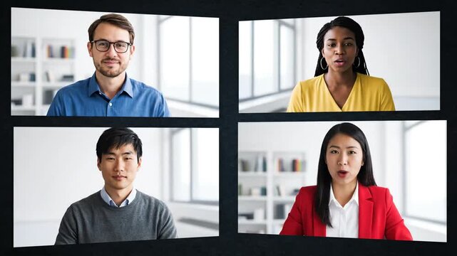 Diverse Team in Virtual Meeting on Screen.