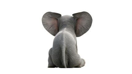 A delightful baby elephant sits alone facing away, its large ears prominent, conveying innocence and warmth for wildlife education or childrens book covers.