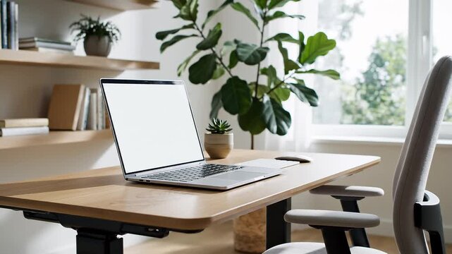 A modern, ergonomic home office desk setup with a laptop and an adjustable chair near a window with plants