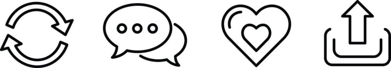 Obraz premium Four black outline refresh chat heart upload on white background social media love data transfer