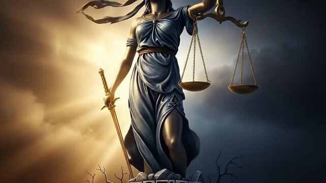Lady Justice Statue Under Stormy Sky with Scales and Lightning