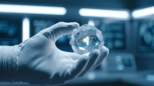 Gloved Hand Holding Crystal Orb in Laboratory Setting.