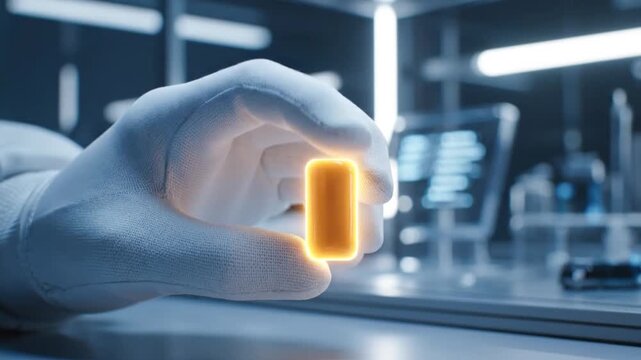 Gloved Hand Holding Glowing Medical Capsule.