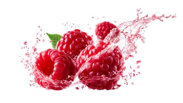 Juicy red raspberries with refreshing liquid splash capturing dynamic freshness perfect for food and drink advertisements or healthy lifestyle promotions