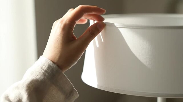 Hand Adjusting Lamp Shade in Room.