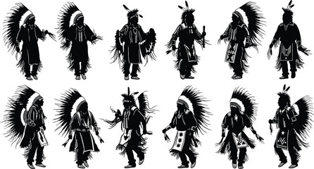 Native American Indigenous dancers silhouettes set wearing traditional feather headdress regalia for tribal cultural heritage celebration and powwow © Bappi