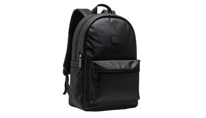 Naklejka premium A sleek, black backpack, featuring a main compartment, front pocket, and a top handle. It has a minimalist design and a modern look