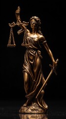 Fototapeta premium Elegant gold statue of Lady Justice with scales and sword set against a black background with focus on detail and reflection