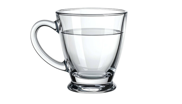 A transparent glass mug, partially filled with clear liquid, set against a black backdrop, showcasing simplicity and purity