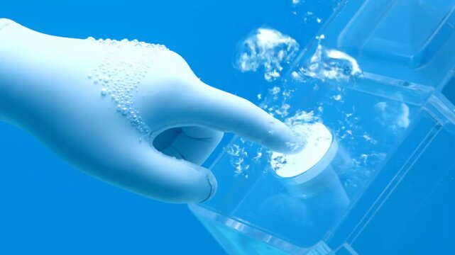 Hand in Glove Pressing Button Underwater.